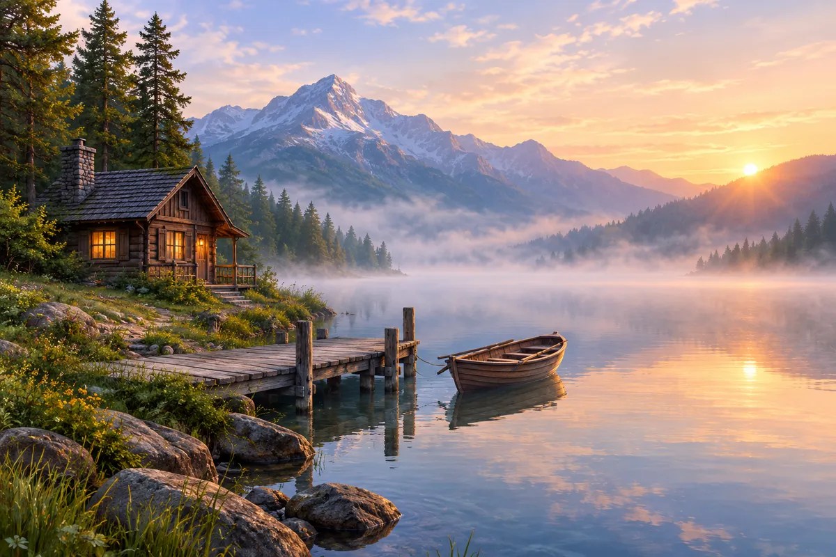 Lago de montaña al amanecer con una cabaña de madera y una barca amarrada en el embarcadero