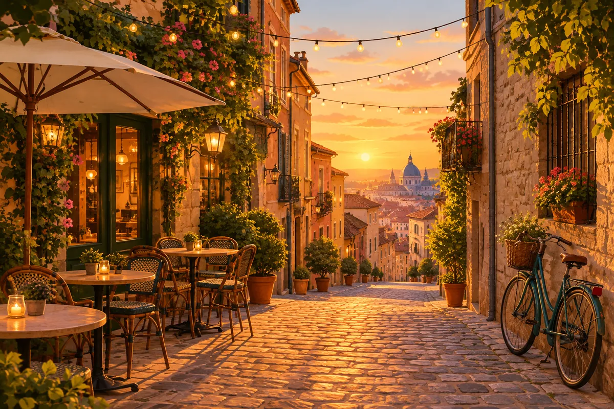 Calle empedrada de un casco antiguo europeo al atardecer con mesas de café y luces colgadas