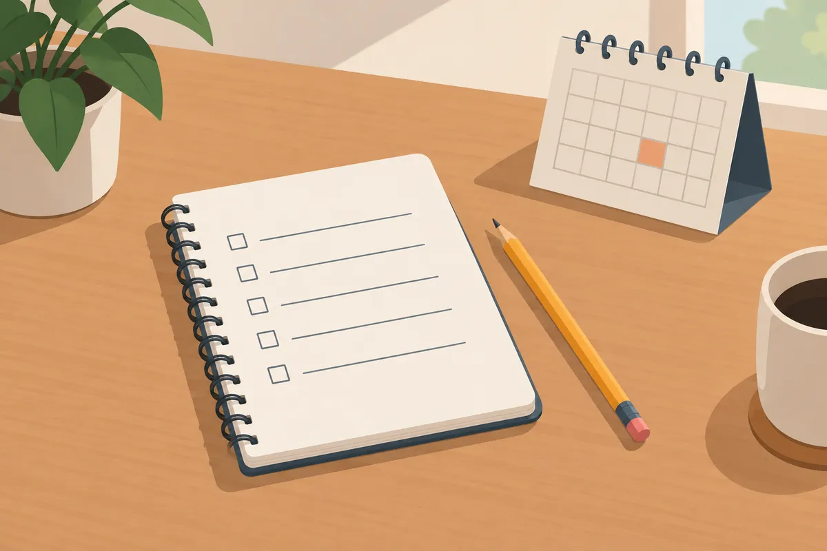 Cuaderno con una lista de tareas, un lápiz y un calendario sobre una mesa de trabajo