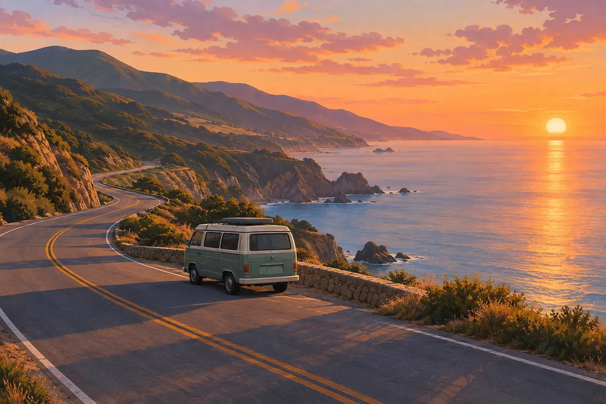 Carretera costera al atardecer con una furgoneta aparcada, ideal para una escapada de grupo