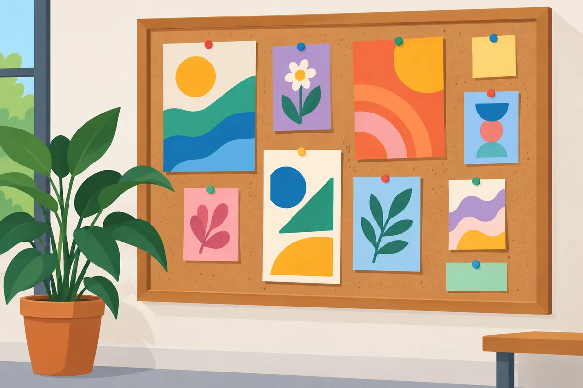 Tablón de anuncios con folletos de colores en un local comunitario, con una planta al lado