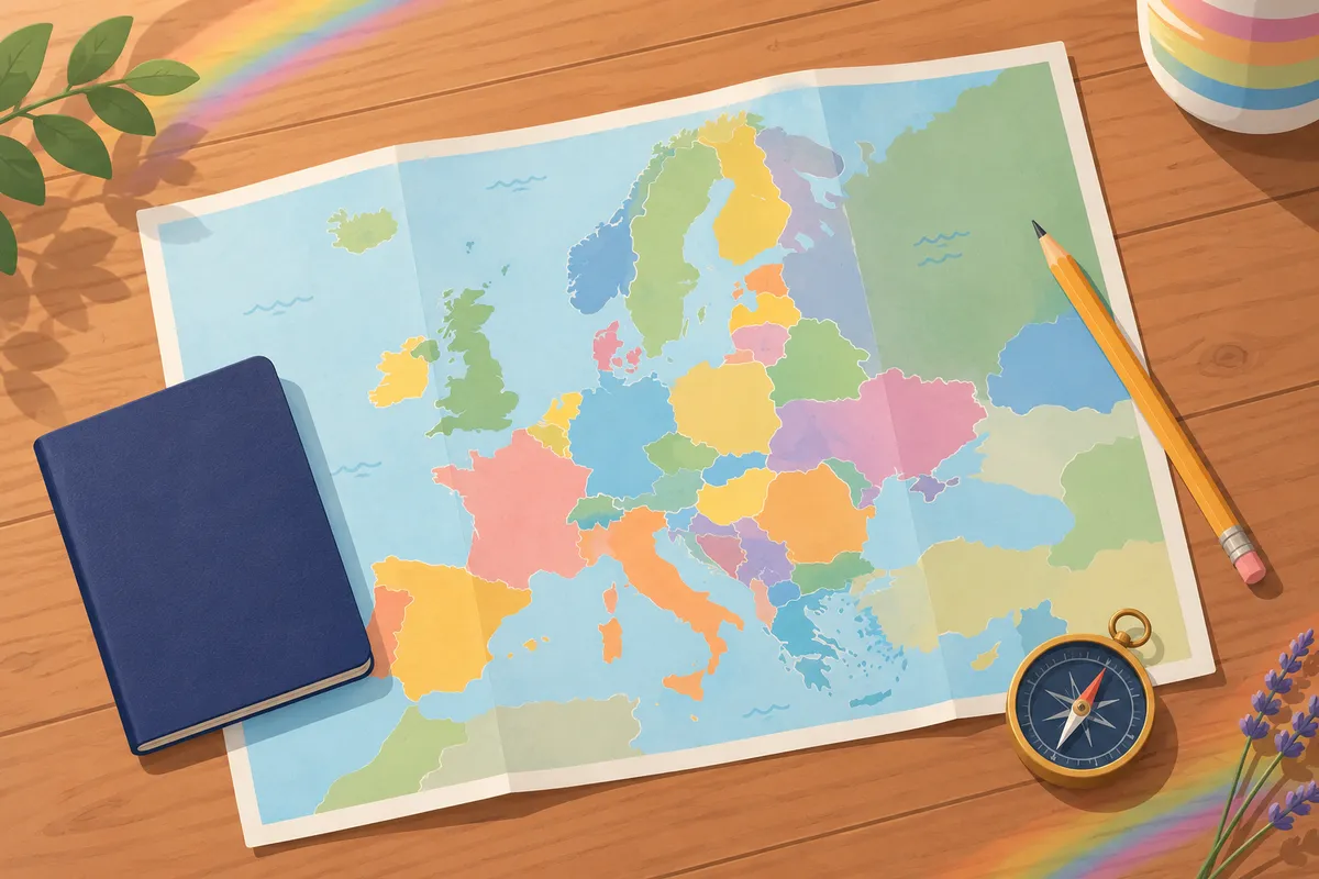 Mapa de Europa con lápiz, pasaporte y brújula sobre una mesa para planificar el viaje de novios