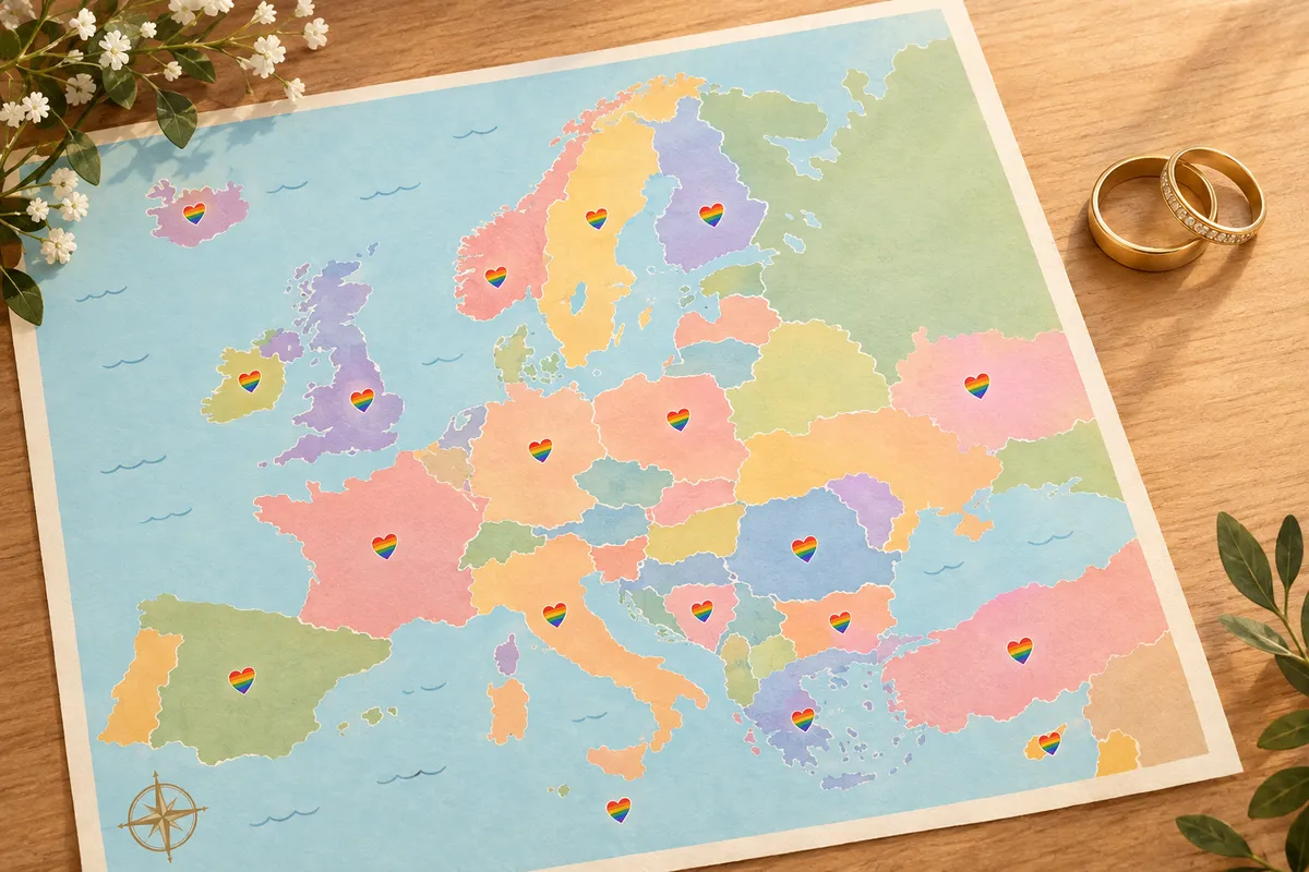 Mapa ilustrado de Europa con corazones de colores del arcoíris y un par de alianzas de boda