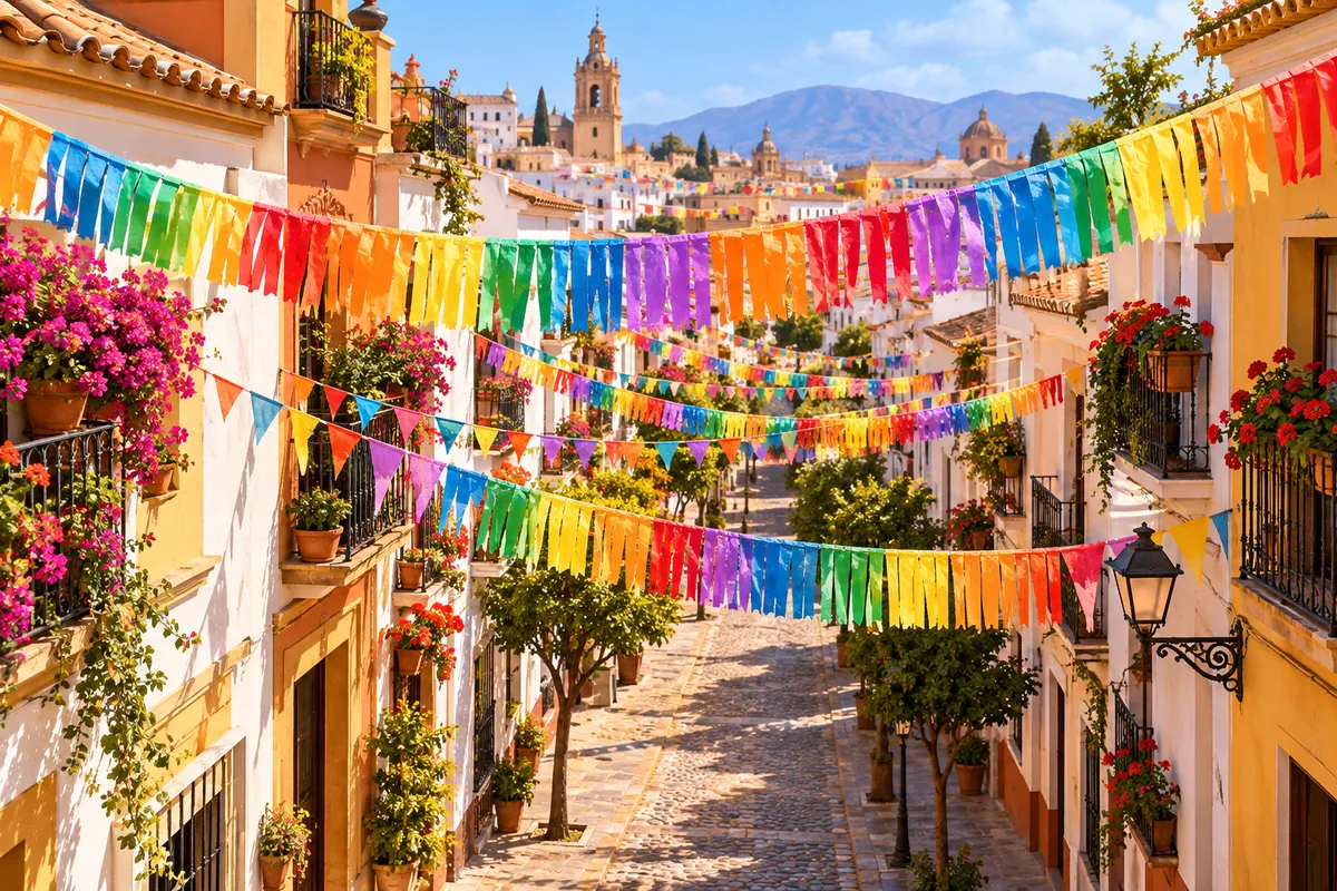 Cintas y banderas de colores colgadas sobre una calle española soleada durante las fiestas del Orgullo