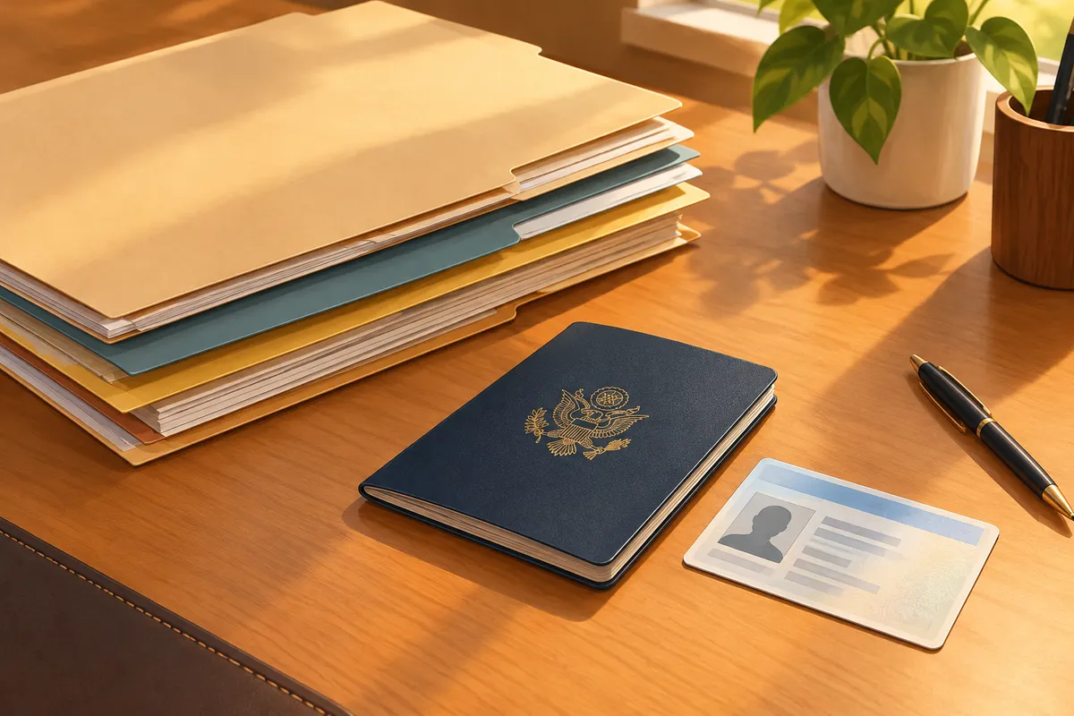 Carpetas con documentos, un pasaporte y un carné de identidad ordenados sobre una mesa
