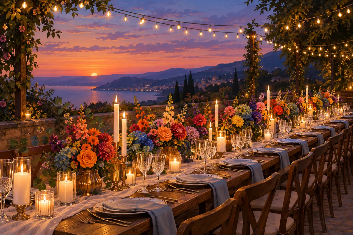 Mesa de banquete con velas, copas y flores de tonos arcoíris bajo una guirnalda de luces al atardecer