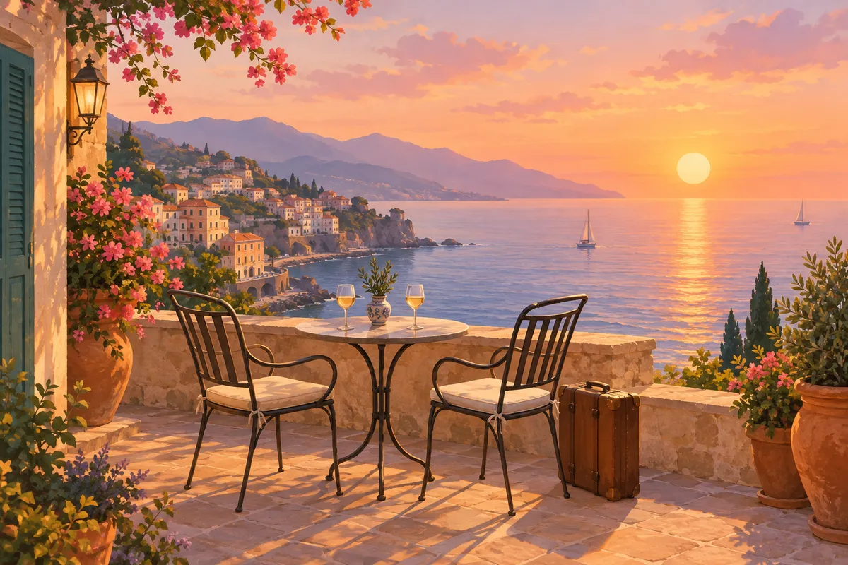 Terraza frente al mar al atardecer con dos sillas vacías y una maleta, ideal para una luna de miel