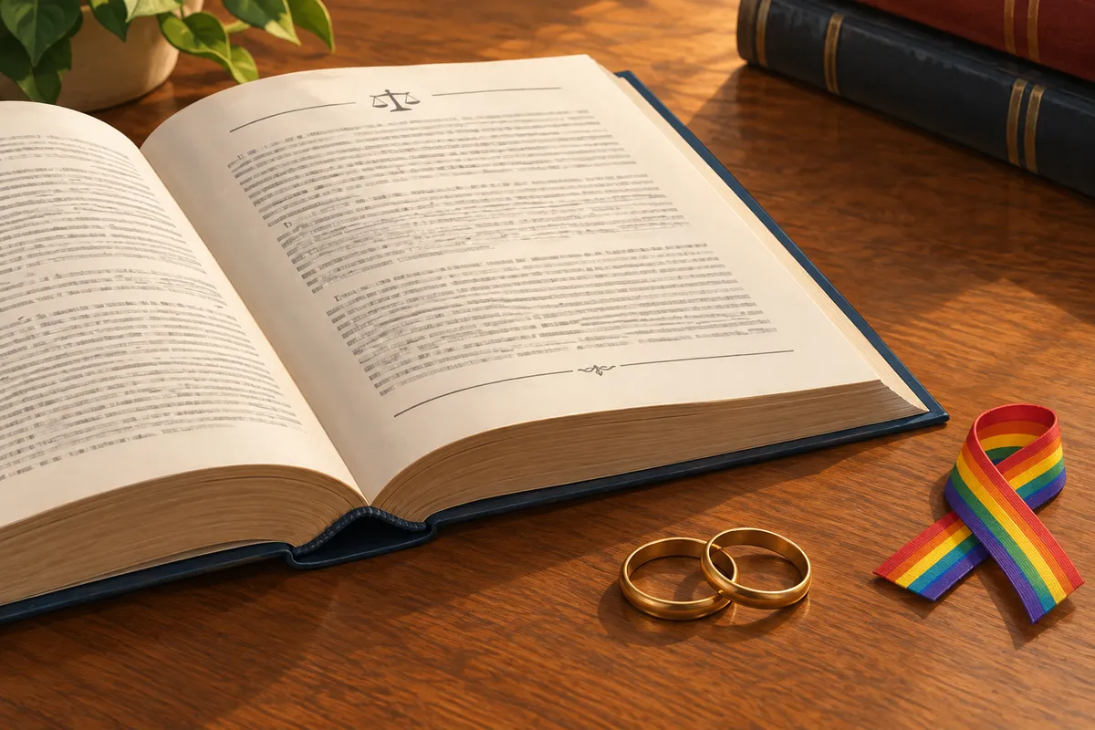 Libro de leyes abierto junto a dos alianzas y una pequeña cinta de arcoíris sobre una mesa de madera