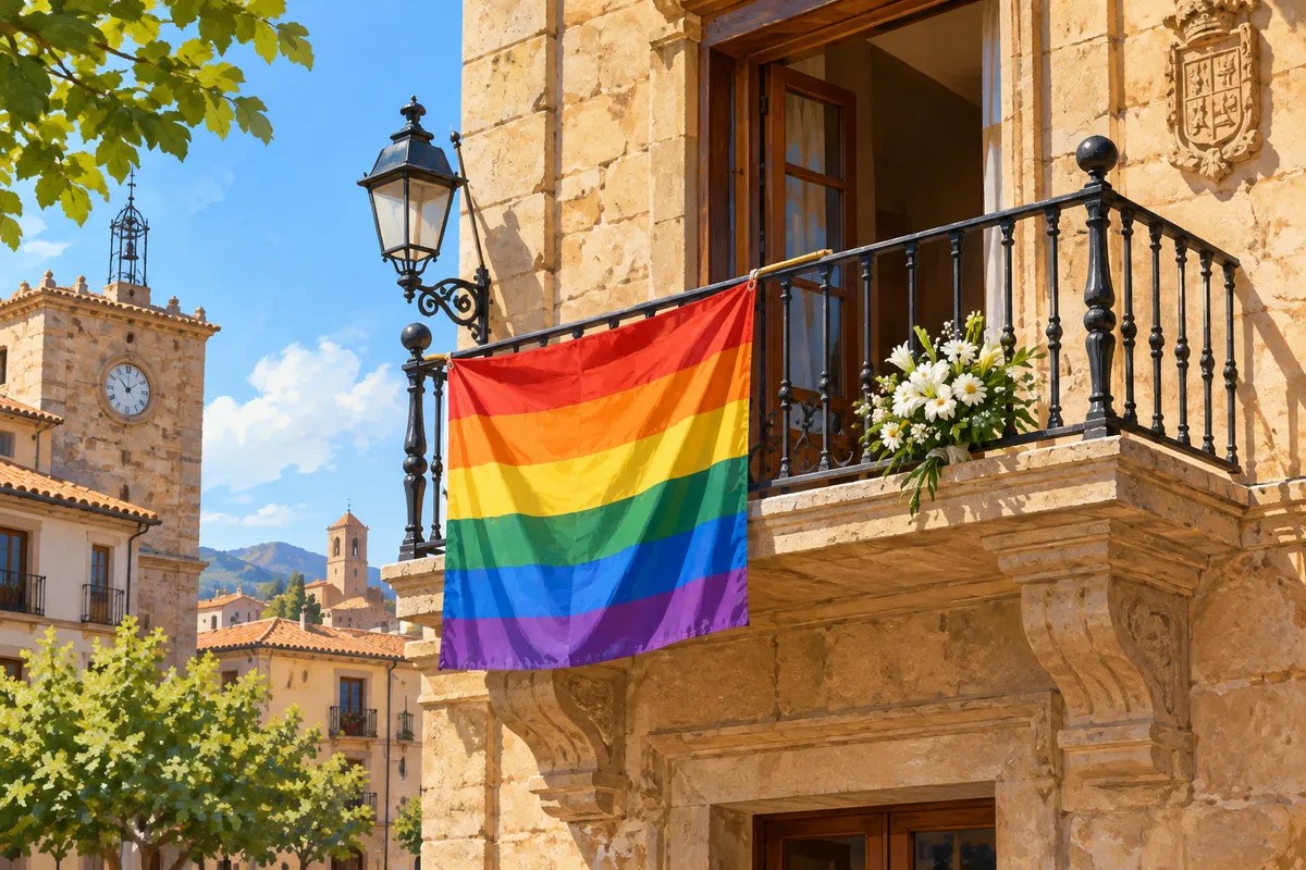 Balcón de un ayuntamiento con bandera arcoíris y un ramo de flores blancas en la piedra