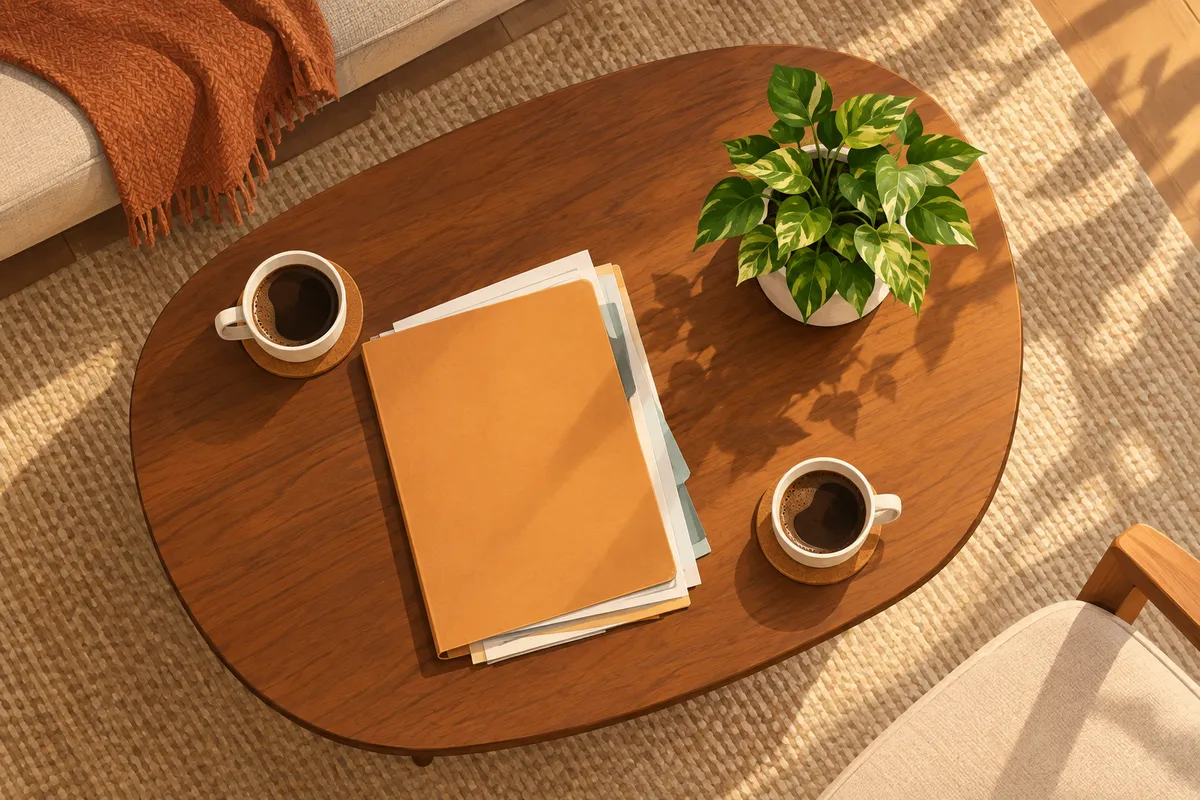 Mesa de salón con dos tazas y una carpeta de documentos, ilustración sobre convivir en pareja