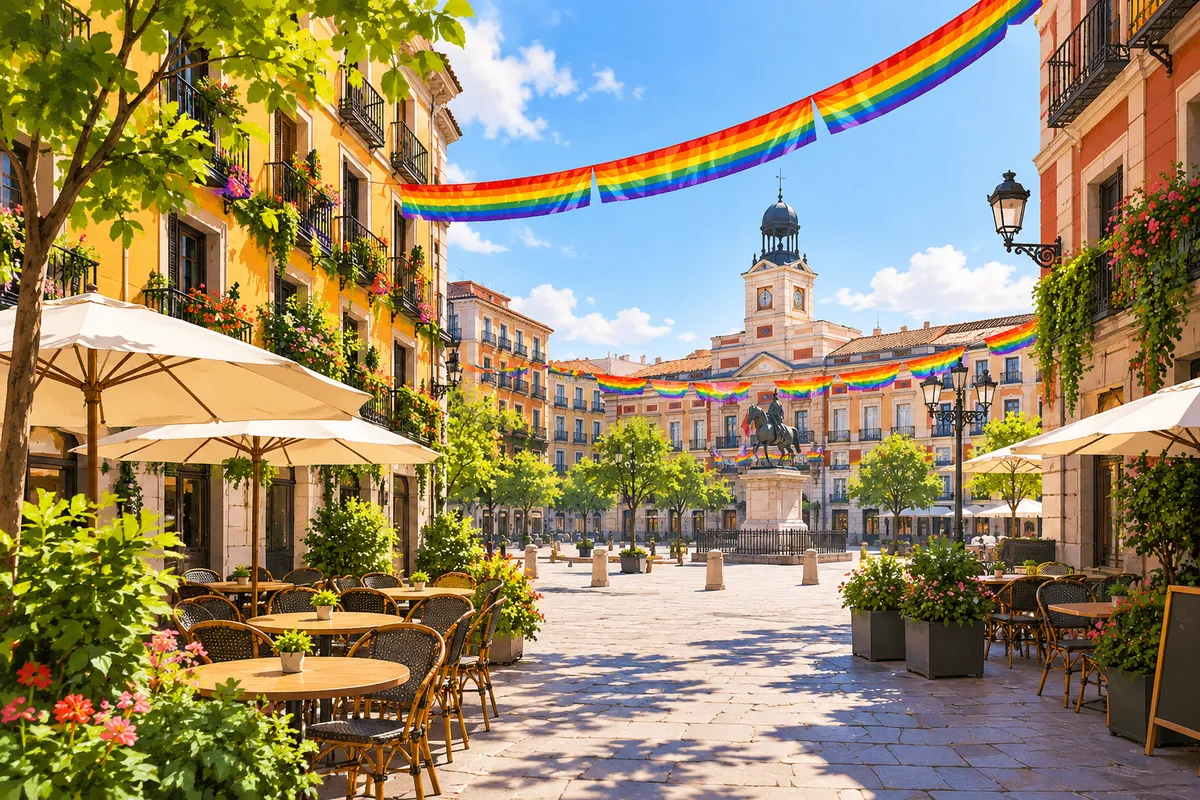 Plaza de una ciudad española con guirnalda de colores del arcoíris entre los edificios