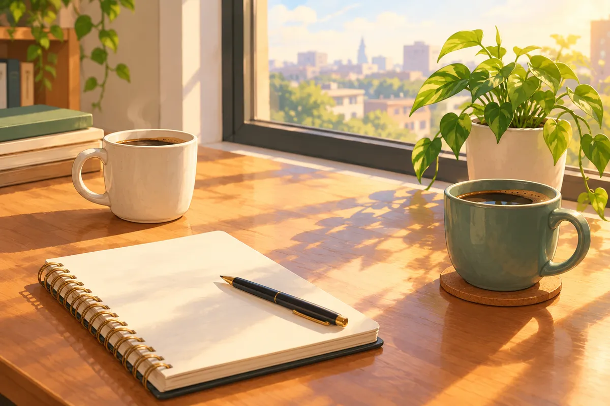 Mesa ordenada con cuaderno, bolígrafo y dos tazas, lista para planificar una decisión en pareja