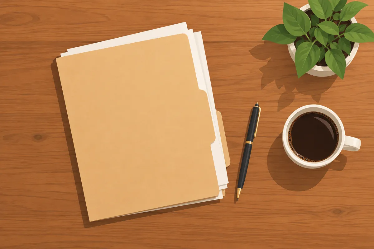 Mesa con una carpeta de documentos, un bolígrafo y una taza de café para preparar un trámite