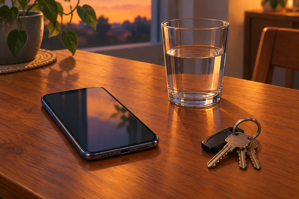 Móvil sobre una mesa de madera junto a un vaso de agua y unas llaves